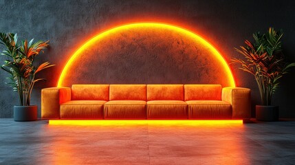 Neon Orange Living Room with Modern Sofa and Plants