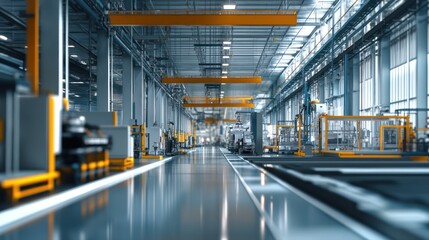 Factory Assembly Line, Industrial Production, Automation, Conveyor Belt, Manufacturing, Technology, Modern, Clean, Spacious, Background