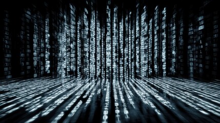 A futuristic digital landscape with cascading binary code, resembling a scene from a sci-fi world.