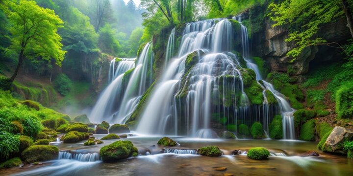 Waterfall cascading down Toplita in Transylvania, surrounded by lush greenery and misty atmosphere , cascade