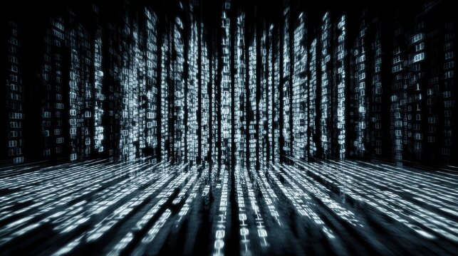 A futuristic digital landscape with cascading binary code, resembling a scene from a sci-fi world.