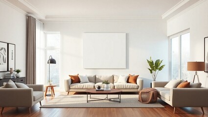 Modern interior design of an empty living room with furniture and a window Empty room with window and white wall featuring simple furniture and wooden floor