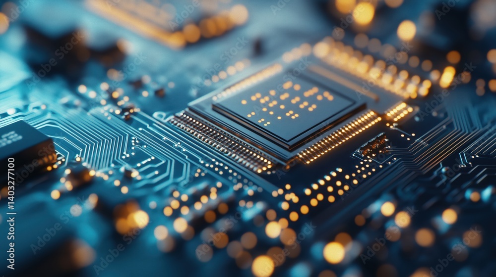 Aufkleber close-up of electronic microchip on a luminous circuit board with detailed connections