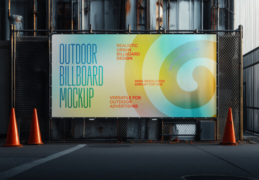 Industrial Outdoor Billboard Mockup &ndash; Realistic Urban Banner Display with Chain Link Fence and Metal Background for Street-Level Advertising and Branding