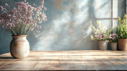 Floral Still Life with Vase on Wooden Table and Window Light