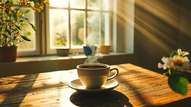 Morning coffee steaming on rustic wooden table with sun rays shining through window