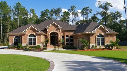 Large brick home with a circular driveway