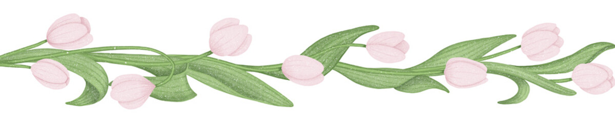 Grass and flowers border. Pink tulips decoration. Hand drawn illustration.