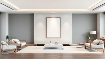 Modern interior design of an empty living room with furniture and a window Empty room with window and white wall featuring simple furniture and wooden floor