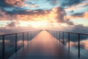 Fototapeta premium Majestic wooden walkway stretching towards a vibrant sunset over serene clouds