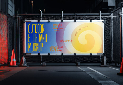 Night Urban Billboard Mockup &ndash; Realistic Outdoor Advertising Display with Chain Link Fence and Moody Lighting for Creative Street-Level Branding
