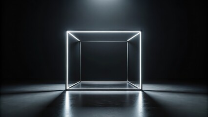 A darkened room with a single spotlight illuminating an abstract render of a black cube box within a square frame , dark scene