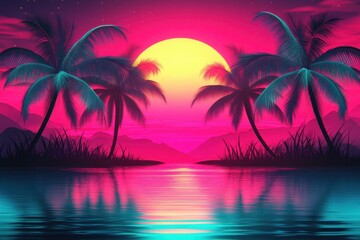 A vibrant neon landscape displaying a beautiful sunset on the water