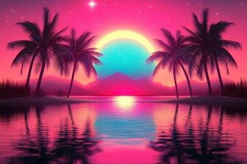 Palm trees stand beside the still water at the vibrant sunset