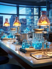 A laboratory scene with blue liquid in glassware and city skyline visible through the windows