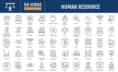 Fototapeta premium Human Resources icon set. Containing HR, Human Resources, Recruitment, Employment, business, office, company, management. Vector Illustration