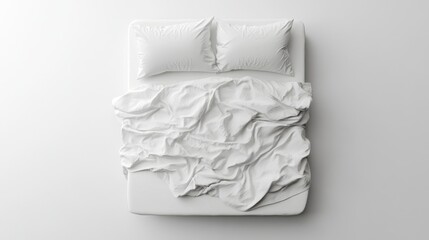 Obraz premium Blank white bed mock up, top view isolated, 3d rendering. Empty blanket and pillows mockup in bedstead. Doss with mattress and bedsheet in place for sleep template. Bedclothes.