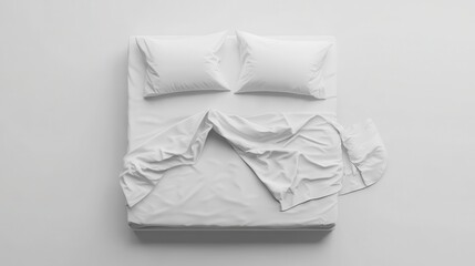 Blank white bed mock up, top view isolated, 3d rendering. Empty blanket and pillows mockup in bedstead. Doss with mattress and bedsheet in place for sleep template. Bedclothes.
