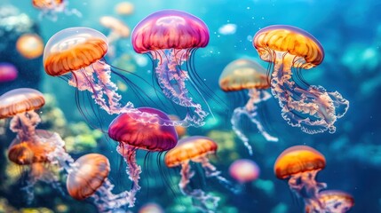 Ocean jellyfish swarm, vibrant colors, underwater, coral background, aquarium display