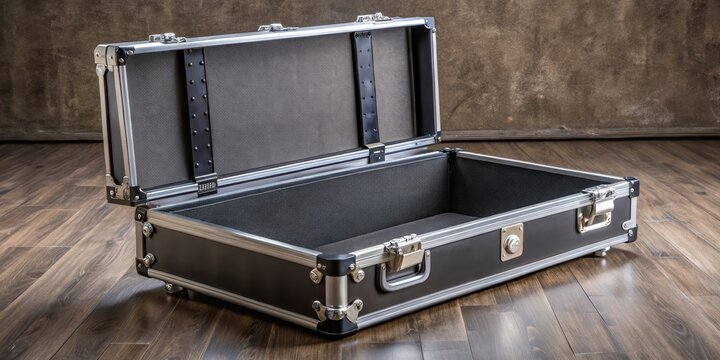 Open flightcase on the floor with dark leather exterior and shiny metal handle, equipment, stage ,  equipment, stage , luggage