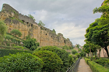 Park within the medieval city walls of Luxembourgh, view from within Neumunster abbey 