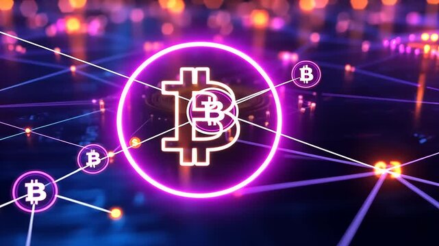 Vibrant digital representation of cryptocurrency network with Bitcoin symbol glowing amidst connections