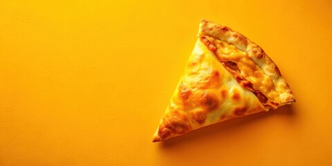 A golden-brown pizza pocket sits atop a yellow background, its crispy edges and gooey cheese enticingly exposed in an overhead shot, overhead, yellow