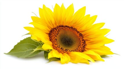 Obraz premium Bright single sunflower with vibrant yellow petals and dark brown center isolated on clean white background, showcasing natural beauty, floral symmetry, and botanical elegance in high detail.