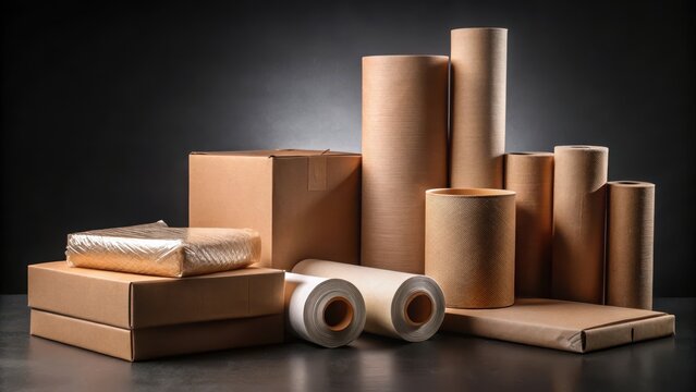 Packing material on dark surface, roll packaging, cardboard packaging