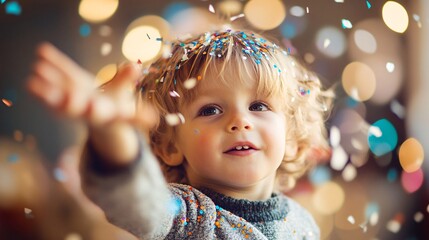 Toddler playing confetti, indoor party, bokeh lights