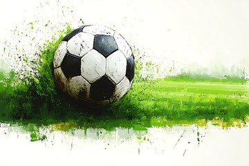 Naklejka premium Painted Soccer Ball Art on Green Grass Field, Textured Brush Strokes, Abstract Details