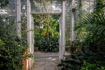Open glass doors lead to interior garden in tropical greenhouse with lush greenery and potted plants