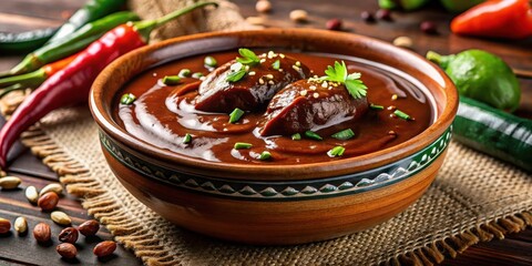 Rich, dark chocolate sauce drizzled over a tender chicken or pork mole poblano dish served in a traditional ceramic bowl, ceramic bowl, savory meal
