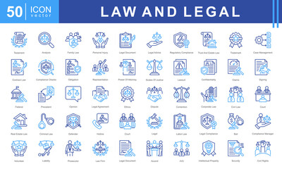 Law and Legal icon set featuring icons for contracts, legal compliance, court proceedings, and professional representation. Ideal for legal services, law firms, and justice-related projects.
