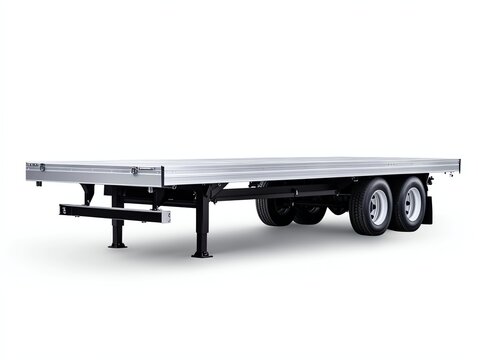 Isolated flatbed trailer with steel beams, clean industrial background