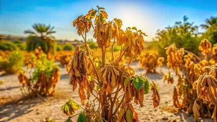 Desiccated foliage wilting in scorching desert sun, nature degradation