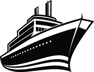 Black and white cruise ship low-angle vector illustration. Modern minimalist ship with smokestacks. Bold geometric cruise liner design.