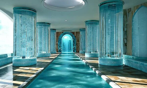 Indoor pool with turquoise water and glass columns.