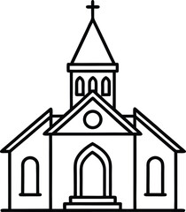 Symmetrical church line drawing. Classic religious architecture illustration. Black and white church facade art.