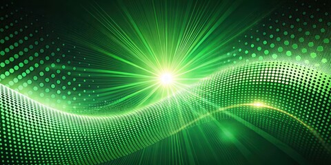 Obraz premium Dynamic wave background with green dots and light rays, dynamic wave, EDM, dynamic wave