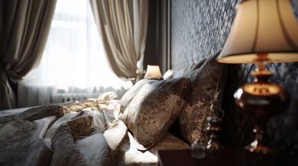 Sunlit bedroom with patterned bedding