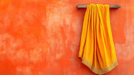 Sari of India, A vibrant orange wall with a hanging yellow fabric draped elegantly.
