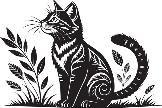 International Cat day, National Cat Day, clip art, line art, silhouette art, Image, illustration, using solid black color and white background