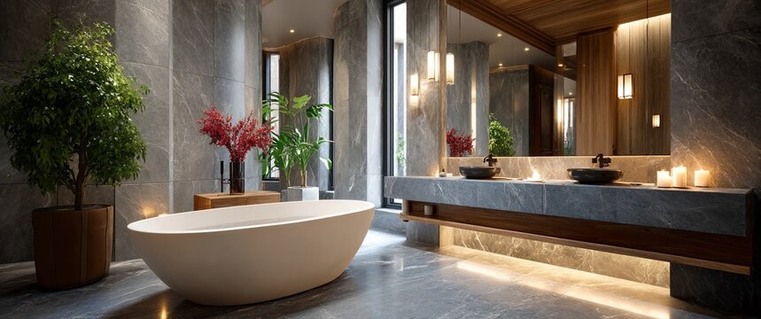 Luxurious spa-like bathroom with freestanding tub, double vanity, and calming decor
