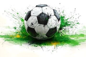 Painted Soccerball with Green & Yellow Splatter, Abstract Background, Isolated on White