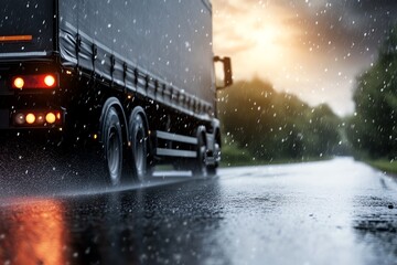 Stormy weather with trailer truck on wet road, tough conditions logistics