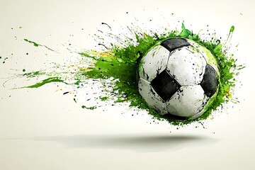 Abstract Style Soccer Ball with Vibrant Green Splatter Paint on White Backdrop
