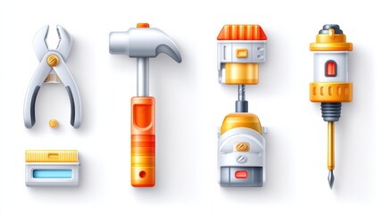 Engineering tool icon set concept. A set of six detailed engineering tools icons long title A collection of six icons representing various engineering and repair tools including