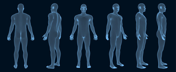 Network forming AI human body set. Technology and robotics concept. Anonymous social masking. Set of human poses. Human body low poly wireframe. Concept: AI, digital technology, cyberpunk, retro