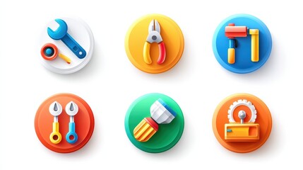 Engineering tool icon set concept. A set of six professional engineering tool icons long title A collection of colorful icons representing a variety of essential engineering and